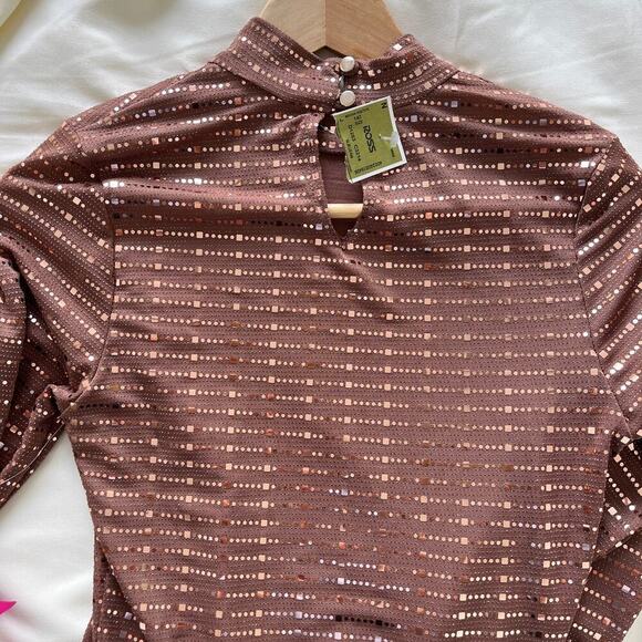 NWT Iris Knit Sequin Long Sleeve Mock Neck Bodysuit Mocha Heat Womens Size Large - Picture 5 of 11